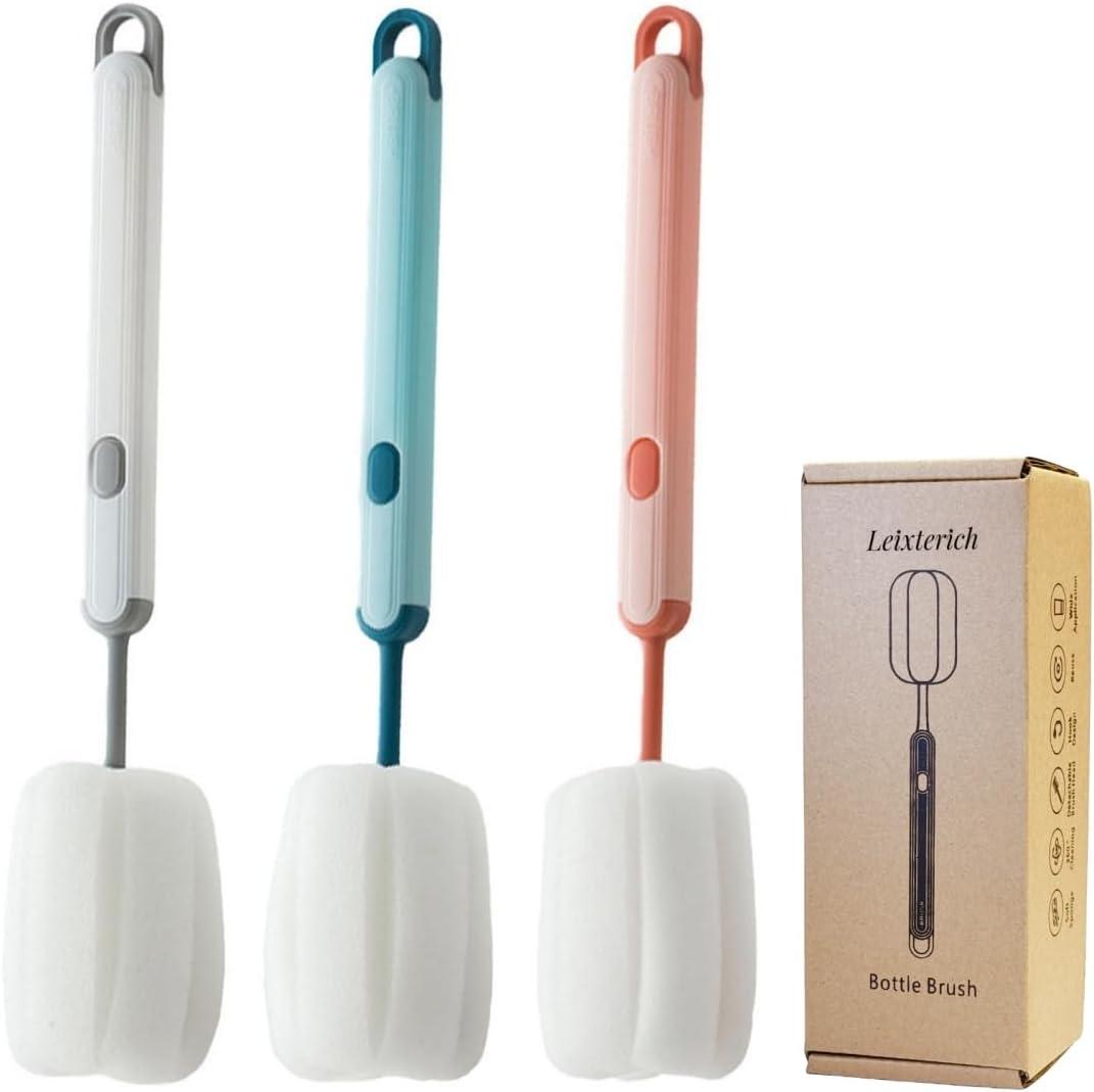 Bottle Brush Long Handle Cup Cleaner Brush Sponge Bottle Scrubber Detachable Handle Portable Sponge Cleaning Brush for Cups Wine Glasses Water Bottles Baby Bottles and Vacuum Flasks(3 PCS) (White, Blue, Pink)