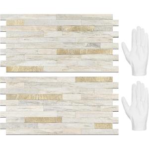 STICKGOO 20 Sheets Peel and Stick Backsplash Tile, Stick on Backsplash for Kitchen and Bathroom, Sunny Beige Look PVC Mixed Metal Gold Self Adhesive Wall Tiles
