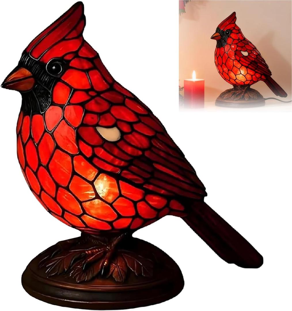 Cardinal Lamp Stained Glass, Resin Red Bird Table Light Lamps, Christmas Bedroom Decor Bird Lamp (Red)