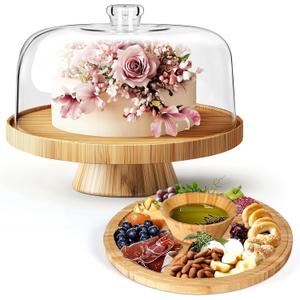 MASTERTOP Cake Stand with Dome Cover - 6 in 1 Cake Stand with Lid, Multi-Functional Wood Serving Platter/Cake Plate/Salad Bowl/Nachos/Punch Bowl, Wedding Cake Stands for Dessert Table