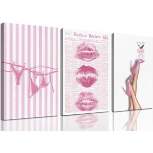 3Pcs Trendy Coquette Wall Art Pink Lips Bikini & Bow Heels Wall Decor Pictures Vintage Martini Newspapaer Canvas Posters Prints for Y2K Girly Room Dorm Apartment Preppy Aesthetic Decor 12x16in