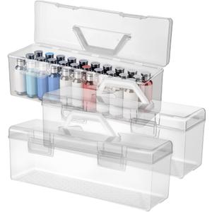 3 Pcs Paint Storage Box for 2 Fl. oz Acrylic Paints, Acrylic Portable Craft Art Organizer with Handle, 30 Bottles Capacity Plastic Art Supply Clear Boxes