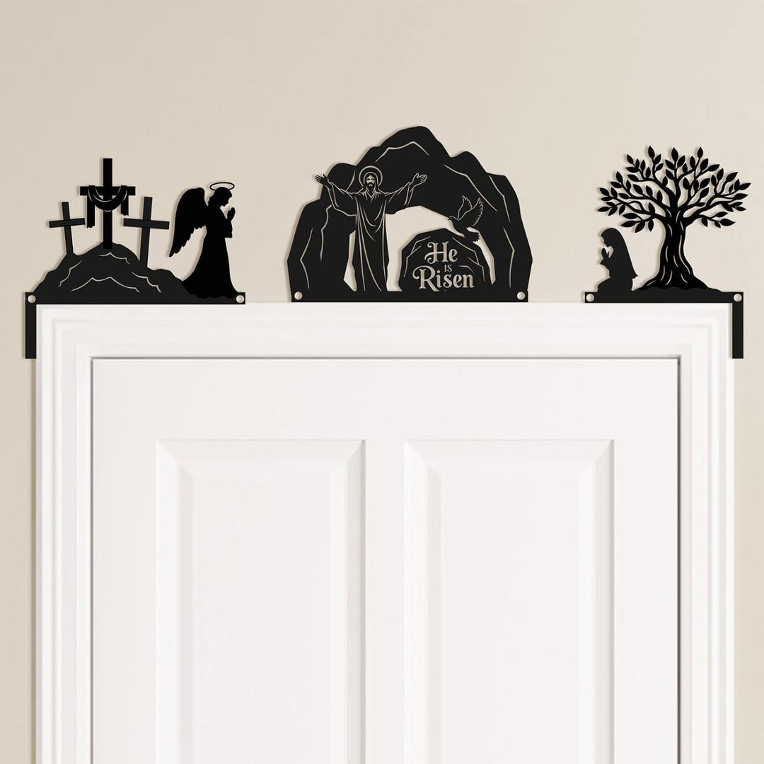 Blulu 3 Pcs Easter Door Decorations Metal He Is Risen Door Toppers Religious Easter Frame Corner Sign for Spring Christian Cabinet Shelf Window Wall Home Office Kitchen Church Decor(Religious), 8.6 x 11.4 inch-10.1 x 6.9 inch