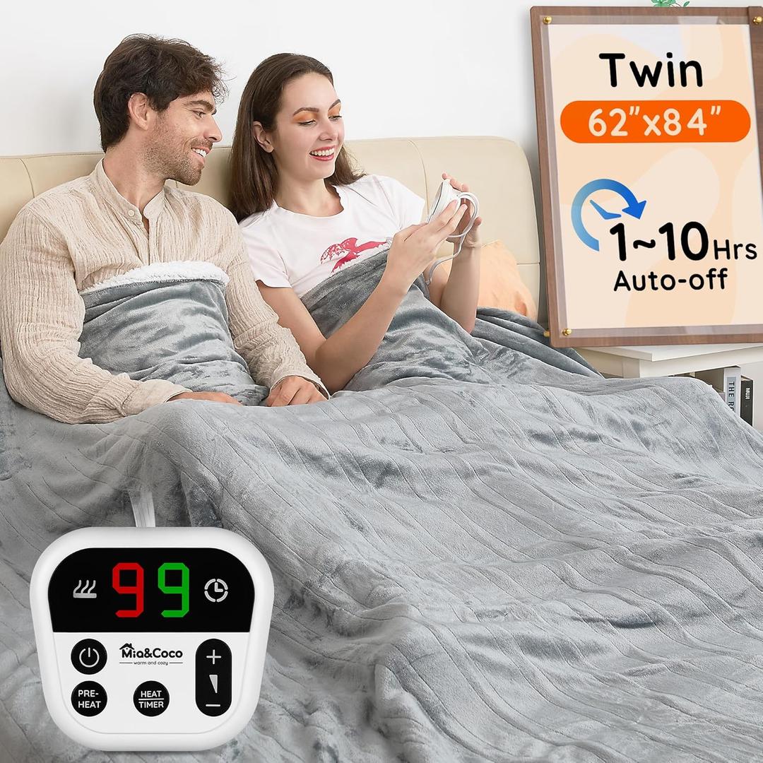 Mia&Coco Electric Blanket Twin - 62"x84" Flannel Heated Blanket,10 Heat Levels, 10-Hour Auto-Off, Fast Heating, Overheat Protection, Machine Washable, Soft Heating Blanket for Home and Office (Gray)  Mia&Coco Electric Blanket Twin - 62"x84" Flannel Heated Blanket,10 Heat Levels, 10-Hour Auto-Off, Fast Heating, Overheat Protection, Machine Washable, Soft Heating Blanket for Home and Office (Gray)