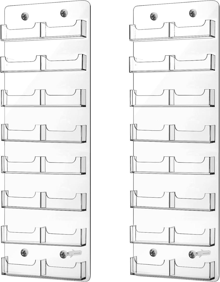 Lincia 2 Pieces Acrylic Business Card Holder Wall Mount Clear Sticker Display Rack Multiple Clear Acrylic Card Organizer Sticker Display Stand Pre Drilled Cards Storage(59.5x20cm,16 Pockets Vertical)