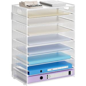 Marbrasse Paper Organizer Letter Tray, 9 Tier Mesh File Organizer with Handle, Paper Sorter Desk Organizer for Home Office Supplies - White