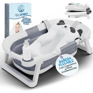 Portable Folding Baby Bath from Newborn to 24 Months + Large Ergonomic and Padded Panda Cushion + Non-Slip Feet Bathtubs for Babies Easy to Clean Banheira Home or Travel