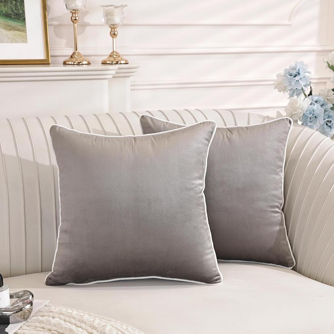 TAOSON Set of 2,Gray/Gray Velvet Throw Pillow Covers Decorative White Rope Edging Couch Pillow Covers for Modern Home Decor Cushion Cases Pillowcases for Living Room Couch Sofa Bed Bedroom,18x18 Inch