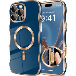 GVIEWIN for iPhone 16 Pro Case Compatible with MagSafe, Upgraded [Full Camera Protection][Cute Wave Frame][Military Grade Protection] Electroplated Soft Phone Cover for Women Girl, Blue