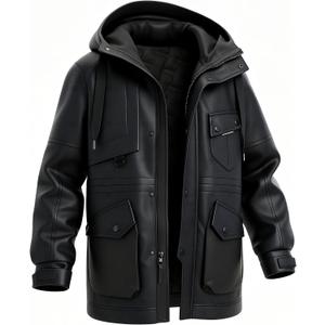 BEST SOUTH Men's Faux Leather Jacket Long Winter Coat Motorcycle Warm Casual Bomber Hood (Black, XXXL)