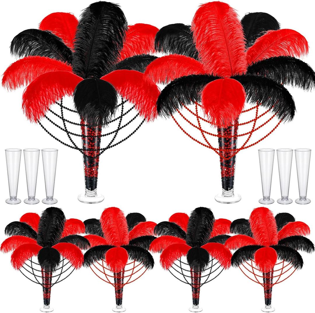 Yuxung 6 Sets Wedding Table Centerpiece Accessories Including 159 Pieces Natural Ostrich Feather Bulk Plastic Vases and Beads Necklaces for Wedding Home Party Centerpiece Supplies(Black, Red)