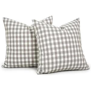 CARRIE HOME Outdoor Gray Plaid Christmas Pillow Covers 16x16 Set of 2, Light Grey and White Checkered Throw Pillows Covers, 16 x 16 Farmhouse Gingham Pillows Decorative Throw Pillows Covers for Couch