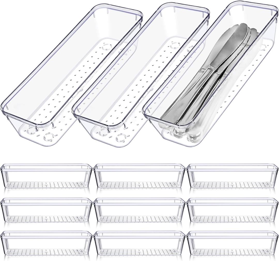 Ysglory 12 Pcs Clear Plastic Drawer Organizer 9 x 3 x 2 Inches Vanity Makeup Drawer Organizer Tray Silverware Utensil Storage Organizers Bins for Kitchen Office Desk Cosmetics and Bathrooms