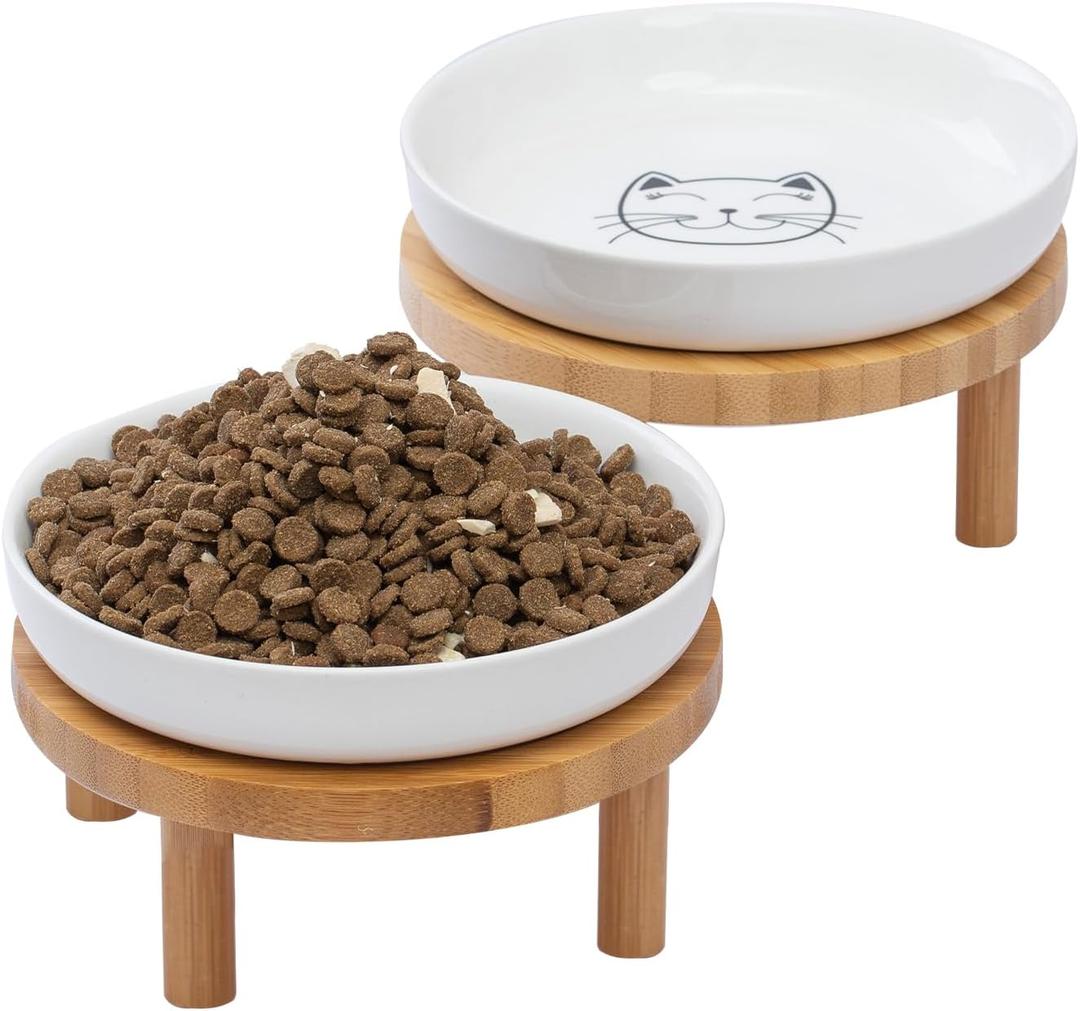 Shallow Elevated Cat Bowls,5.9 Inch Wide Raised Ceramic Cat Dishes with Bamboo Stand, Whisker Friendly Pet Water or Food Plates Feeding Station for Indoor Cats, Kitten(White,Set of 2)