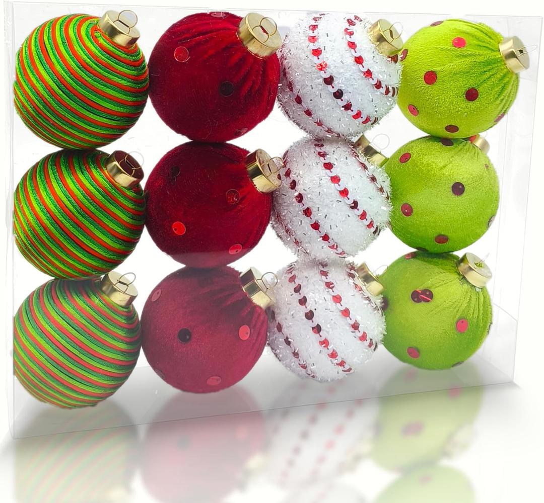 12PCS Christmas Ornaments Balls, 3.15" Red Green Velvet Shatterproof Christmas Tree Decorations with Sparkling Stripes and Dots, Holiday Party Decorative Hanging Baubles