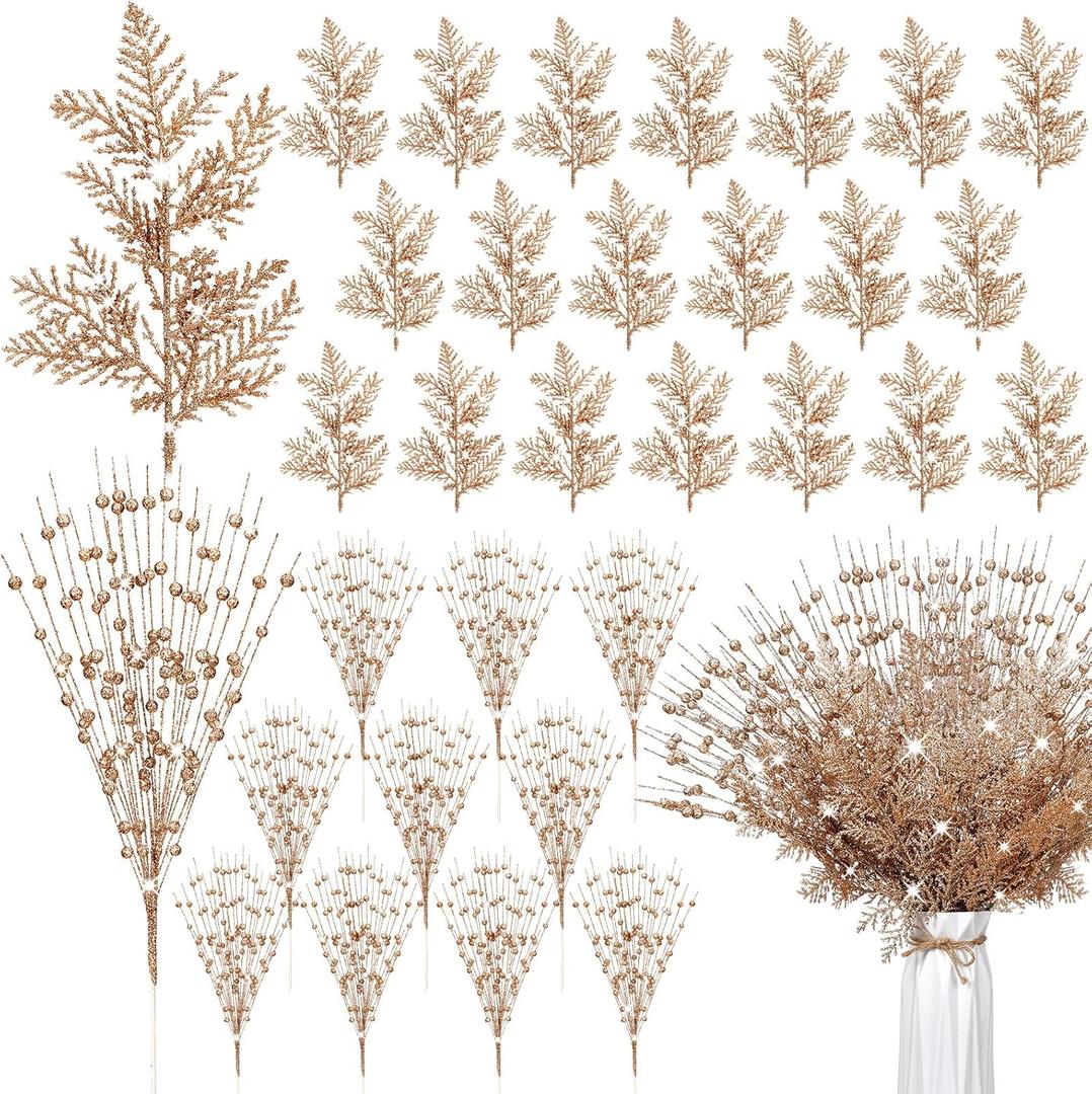 50 Pcs Christmas Tree Picks and Sprays Decorations 17" Champagne Gold Christmas Glitter Berry Stem and 10.6" Artificial Pine Needles Branches Picks Twigs Bead for Xmas Tree Ornaments DIY Wreath Decor