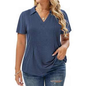 Plus-Size-Summer-Tops for Women Casual Collared V Neck Polo Shirts Business Pleated Tunics Trendy Short Sleeve Blouses (Blue, XXL)