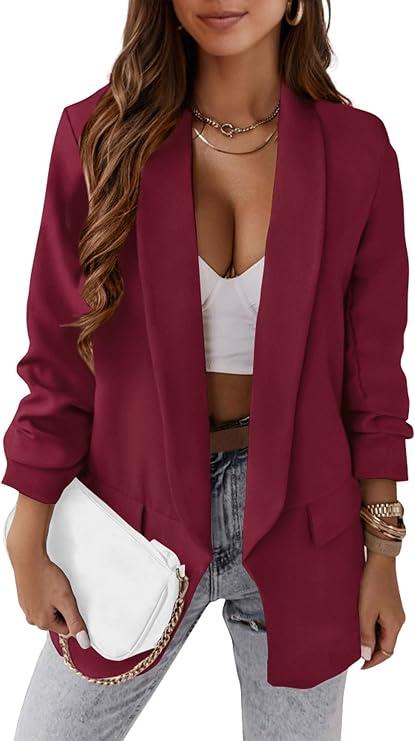 KIRUNDO Blazers for Women Business Casual Long Sleeve Open Front Lapel Suit Jackets Office Work Blazer Pockets Fall Clothes(Burgundy, XX-Large)