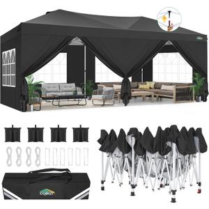 COBIZI Canopy 10x20 Pop Up Canopy Tent with 6 Sidewalls, One Push Party Tents for Parties Outdoor Wedding Waterproof Gazebo Commercial Event Tent with Sandbags, Black