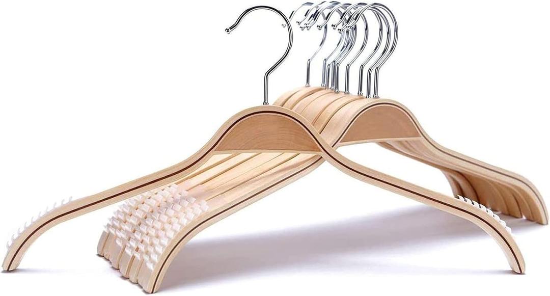 Lightweight Non Slip Wooden Hangers - 10 Pack Heavy Duty Wood Coat Hangers with Soft Stripes for Camisole, Jacket, Dress Clothes, Sweater, Natural Finish