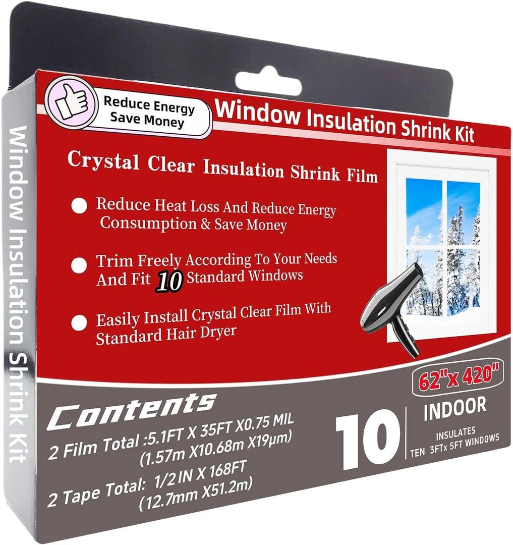 Insulating Film Window Kit to Keep Cold Out Window Shrink Film Insulator Kit (10 Windows)
