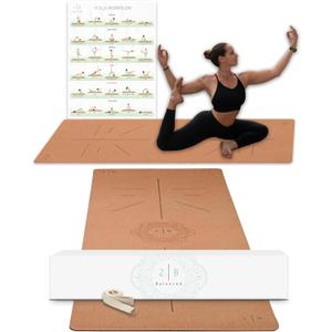 2 B BALANCED Premium Cork Yoga Mat - Always Stays Flat - Non Toxic - Non Slip - Brown - Cork & Rubber (Regular, Natural)