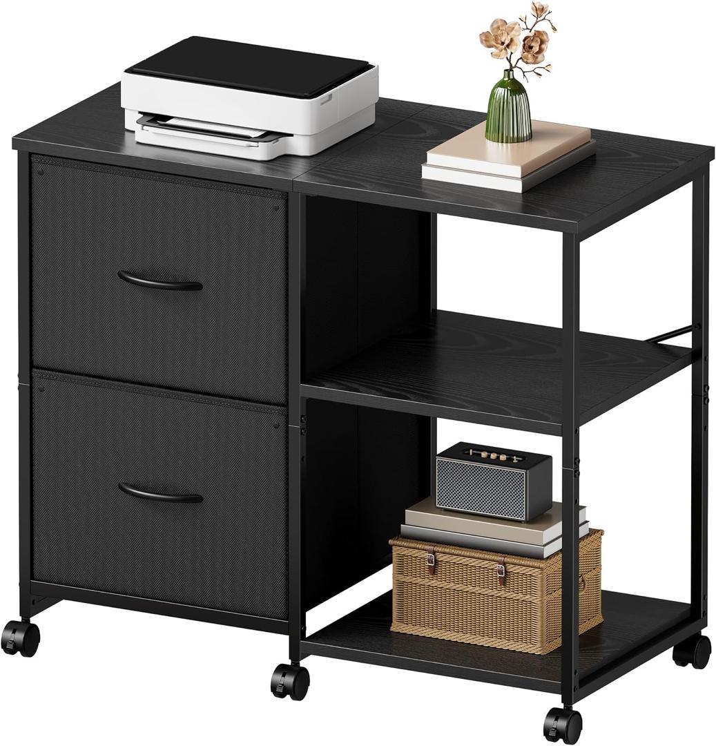 2-Drawer Fabric Lateral File Cabinet with Wheels, Rolling Printer Stand with Open Storage Shelf for Home Office, Black