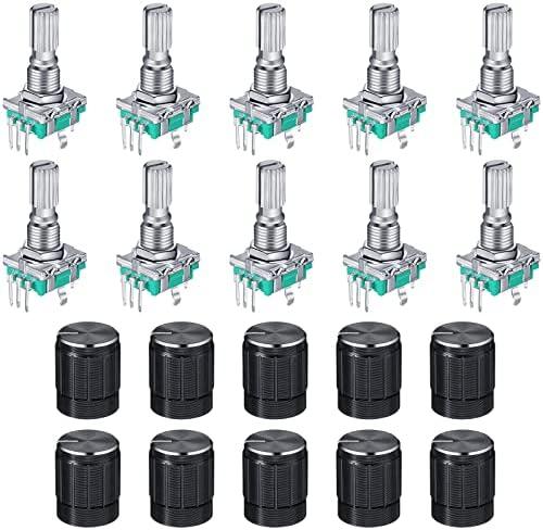 Konohan 10 Pcs 360 Degree Rotary Encoder Code Switch Digital Potentiometer with Push Button 5 Pins Handle Length 20mm and Knob Cap Compatible with Arduino EC11