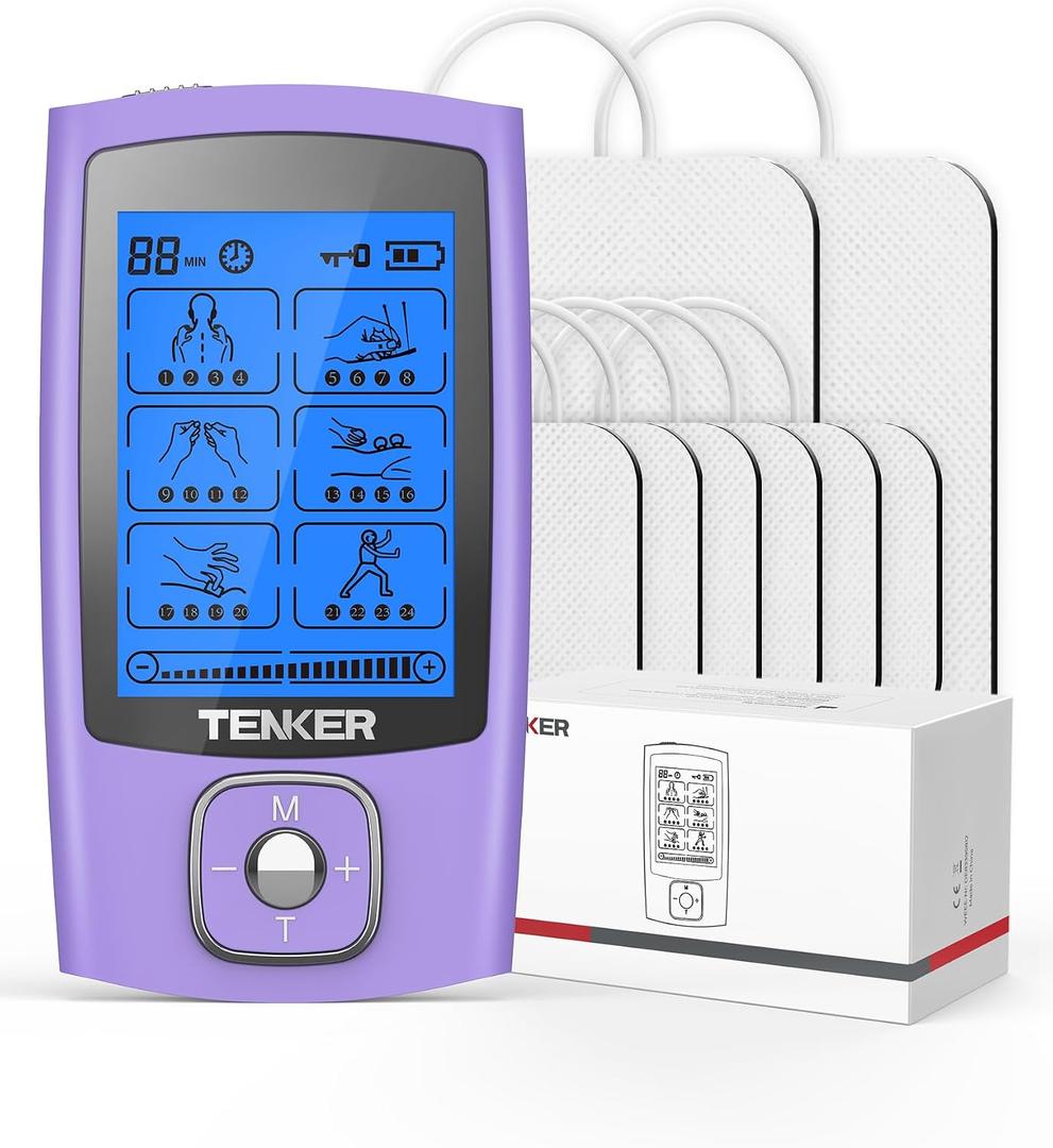 TENKER TENS Unit Muscle Stimulator, 24 Modes TENS EMS Machine for Shoulder, Sciatica, Back Pain Relief, Rechargeable Electronic Pulse Massager with 2"x2" and 2"x4" Electrode Pads