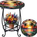 Cinnvoice Outdoor Side Table Round Small Mosaic Patio Accent Indoor End Plant Coffee Tea Table for Yard Patio Porch Garden Living Room, Bedroom(Palm Tree Style,14 Inch)