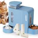 Gravity Cat Feeder and Water Dispenser with 304 Stainless Steel Bowls, 2 in 1 Automatic Cat Feeder with 180 Degree Rotatable Water Bowl, Large Capacity for Puppy Kitten Rabbits, Blue