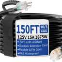 150ft Outdoor/Indoor Extension Cord with Lighted 10/3 Gauge Ultra 3 Prong Heavy Duty SJTW, Waterproof, Flexible Cold-Resistant,15A 125V 1875W, Black