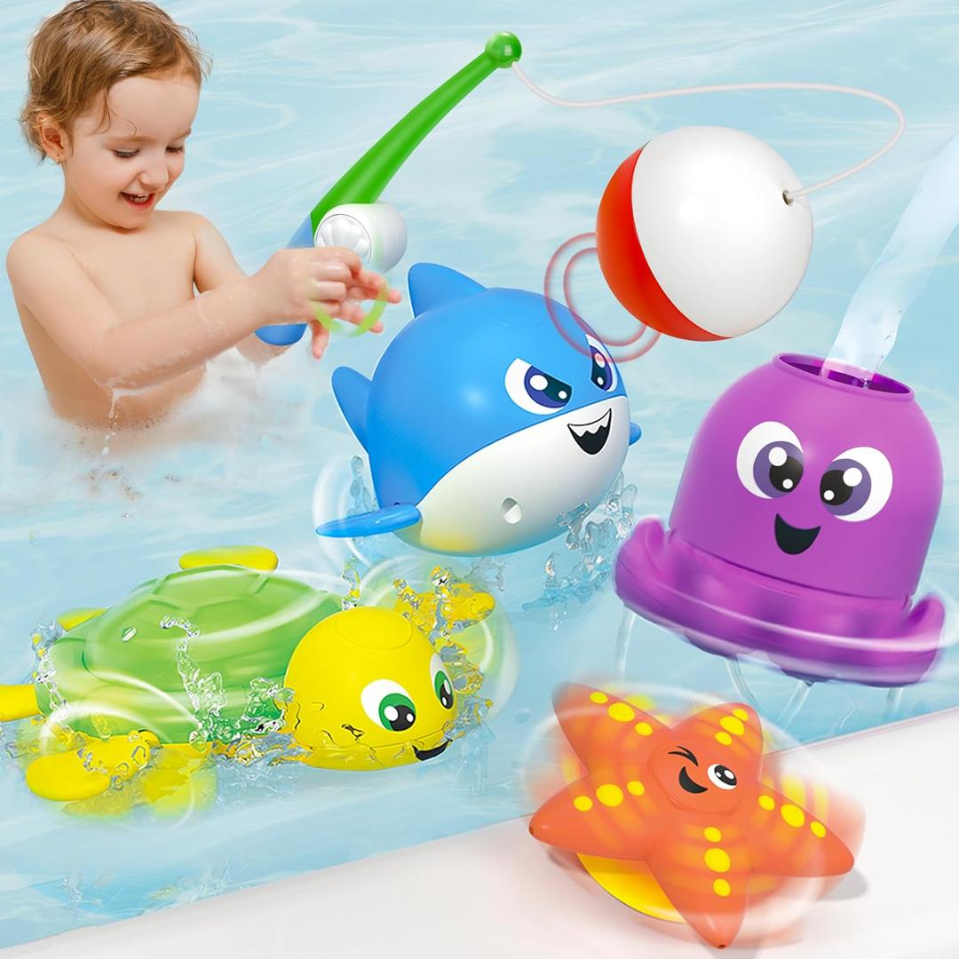 JOYIN Bath Fishing Toy Set for Toddlers - Magnetic Toy with Fishing Rod, Spinning Octopus and Starfish, Wind-up Shark and Turtle - Sensory Development for Infants