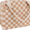 Checkered Lunch Bag for Women and Men, Insulated Corduroy Lunch Box with Handle and Pocket for Travel, Work, Picnics, Brown White Plaid