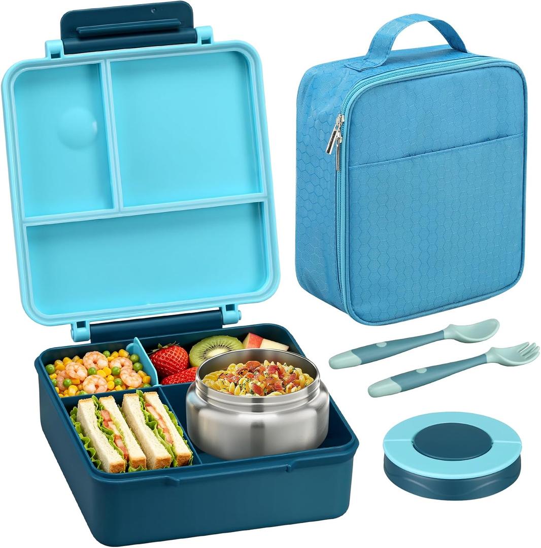 Itslife Bento Lunch Box for Kids with 8oz Soup Thermo&Lunch Bag, Leak-Proof Lunch Food Containers with 4 Compartment, Hot Food Insulated Food Jar for Kids School (Blue)