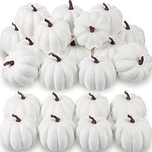 Liliful 24 Pack 4 Inch Fall Harvest White Artificial Pumpkins Crafts Rustic Decorative Pumpkin Foam Pumpkins Decoration for Halloween Thanksgiving Wedding Dining Table Centerpiece Decorating