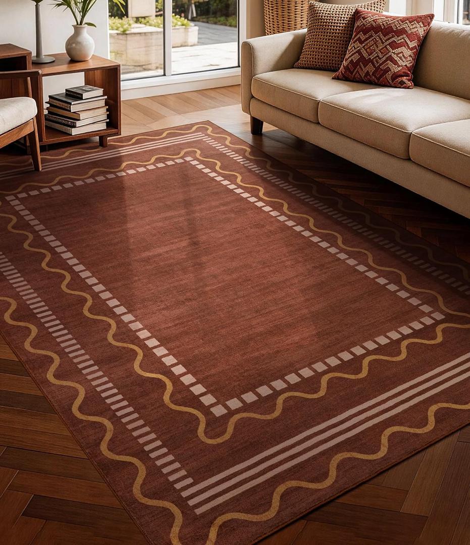 YIHOUSE Burnt Orange Scalloped Bedroom Rugs 5x7, Non-Slip Washable Farmhouse Border Rug for Living Room, Low-Pile Indoor Carpets, Stain-Resistant Vintage Rusty Rugs for Dining Room, Office