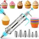 Novano Dessert Decorating Syringe Set, Frosting Piping Kit Stainless Steels Cake Decorating Kit with 6 Piping Tips & 9 silicone cupcakes, Cupcake Decorating Kit Piping Bags and Tips Set (Blue)