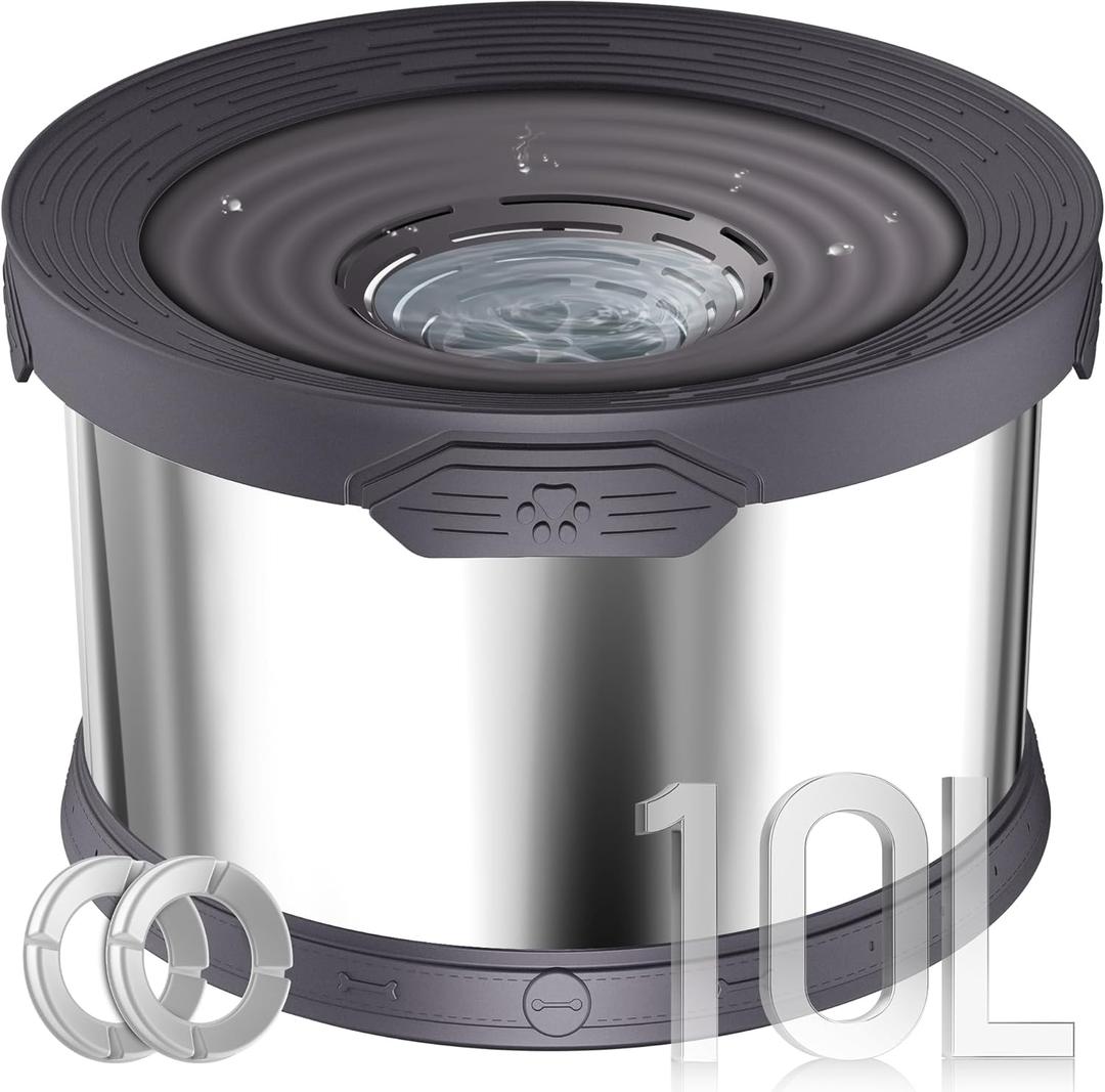 UPSKY Dog Water Bowl No Spill 10L Stainless Steel, 2.6 Gallon Large Capacity Spill-Proof Dog Bowls, Non-Slip Slow Drinking Anti-Splash Bowl for Large Messy Drinkers, No Mess Indoor/Outdoor Use, Gray (Grey)