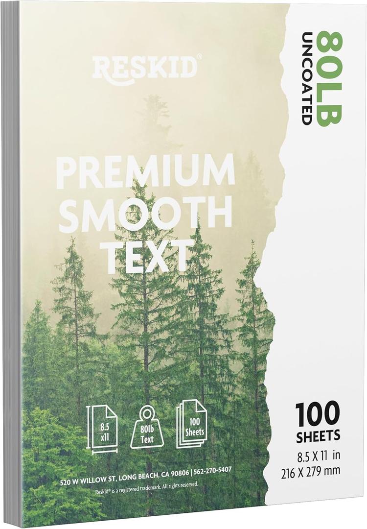 Reskid Premium Smooth Text Paper, 8.5 x 11 inches, 80lb Uncoated, 100 Sheets