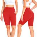 GROTEEN 8'' Biker Shorts Women with Pockets - High Waisted Tummy Control Yoga Workout Running Gym Spandex Shorts (02a-red)
