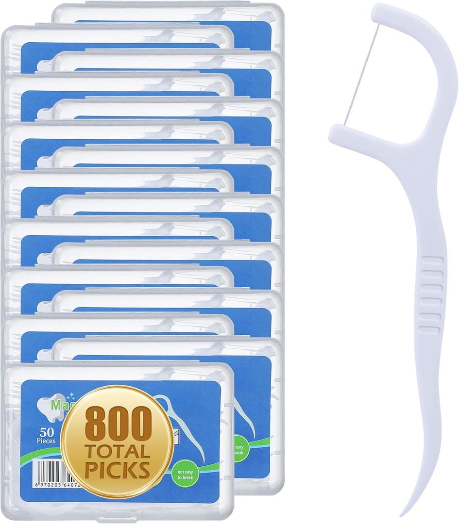 800 Count Dental Floss Picks  Built-in Toothpicks for Deep Cleaning, Comfortable Handle to Remove Plaque & Protect Gums  Family Pack with 50 Picks per Portable Case for Adults & Kids
