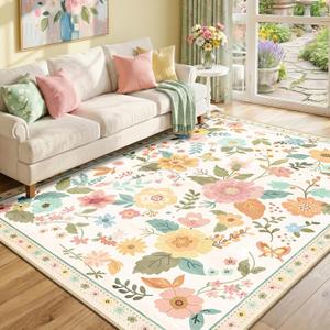 RELEANY Floral Nursery 6x9 Area Rugs Washable Print Boho Cute Carpet Non Slip Flower Low Pile for Living Room Kids Girls Playroom Bedroom Kitchen Office Farmhouse-Beige/White/Orange