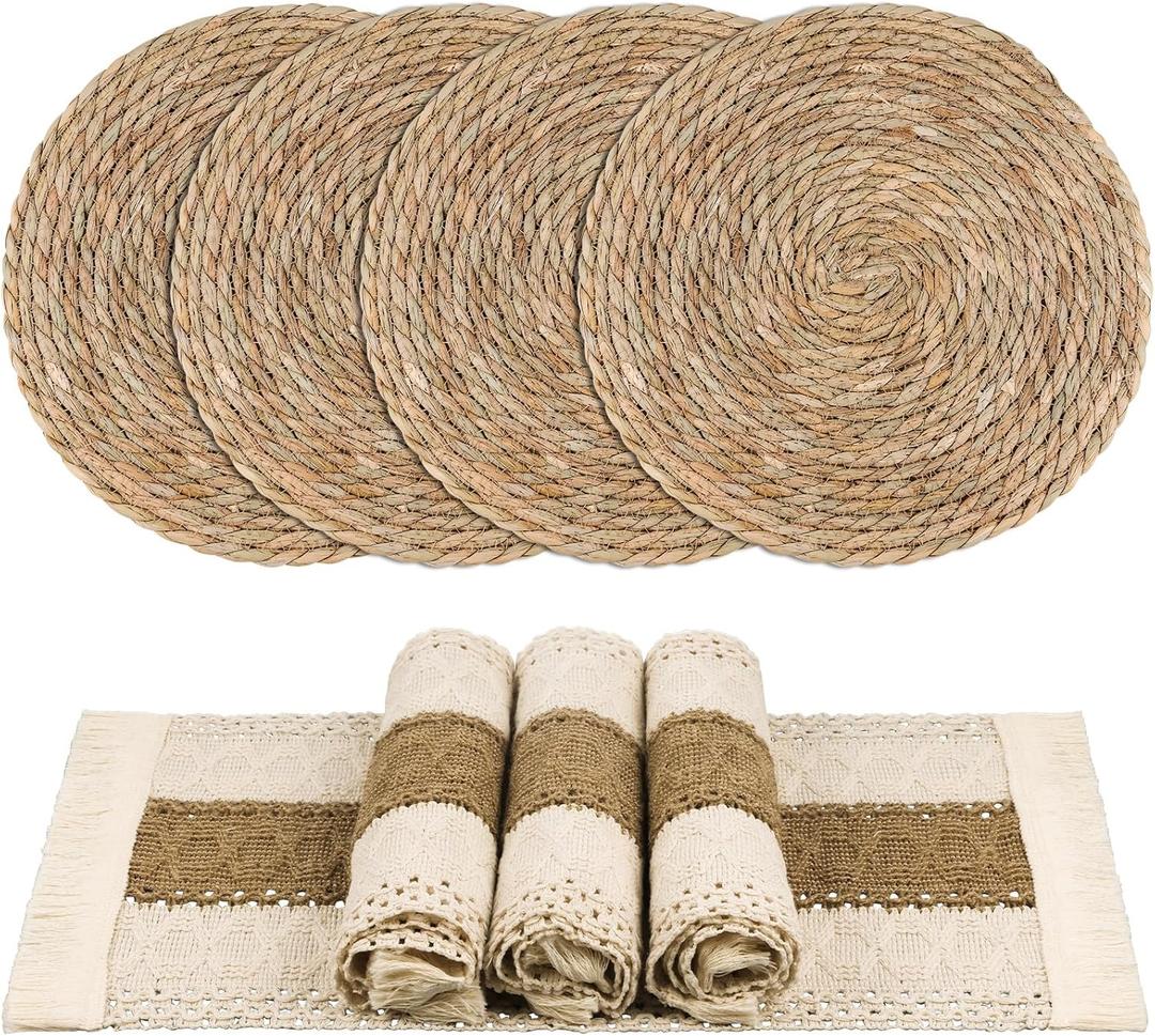8 Pcs Handmade Boho Placemats Set of 4 Table Mats for Kitchen Dining Table Farmhouse Centerpiece Decor Natural Cotton Burlap and Water Straw Woven Combination Place Mats