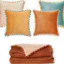 MONDAY MOOSE 18x18 inch Pom Pom Decorative Throw Pillow Covers and 50x60 inch Fleece Throw Blanket, Mix and Match for Home Decor (Orange/Teal, Burnt Orange/Light Orange)