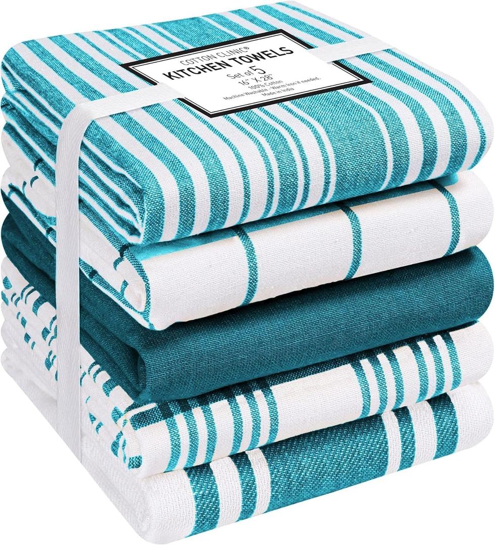 Cotton Clinic Assorted Kitchen Towels 5 Pack  Soft Absorbent Quick Drying Table & Kitchen Linen - Dish Towels, Dish Cloths, Tea Towel and Cleaning Towel with Hanging Loop  16x28 / Teal Green White