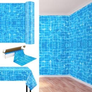 Oudain 1 Roll 1200" x 54" Pool Table Cover Summer Pool Party Tablecloth Blue Mosaic Backdrop Plastic Classroom Decor Ocean Tablecover Bulletin Board for Beach Birthday Party Decoration