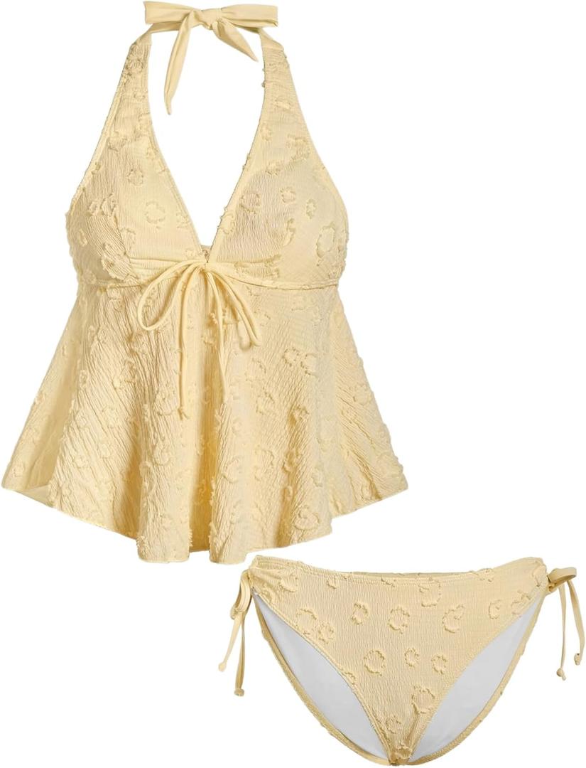OYOANGLE Women's Tankini Swimsuits Textured Flowy Halter Bikini Set Tummy Control Modest Bathing Suits Yellow X-Large