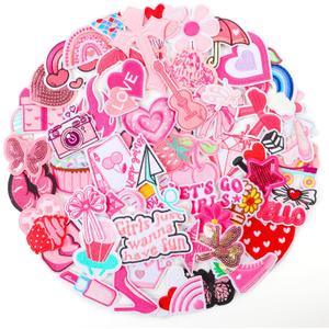 NICEVINYL Pink Iron on Patches for Girls: 60PCS Girly Random Embroidery Patches for Backpacks Clothing Hats Jackets Pants Decor - Assorted Cute Sew on Appliques for DIY Accessories