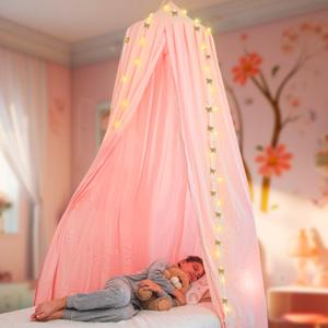 Bollepo Bed Canopy With Lights - Pink Princess Canopy for Girls Room | Single, Twin, Full, Queen | Kids Bed, Hanging Fairy Led Canopy